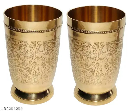 A & H ENTERPRISES Brass Glass Mughlai Etching Design Daily Use Designer Water Glass  ,Drinkware & Serveware , 250 ML Each - Set of 2 pc