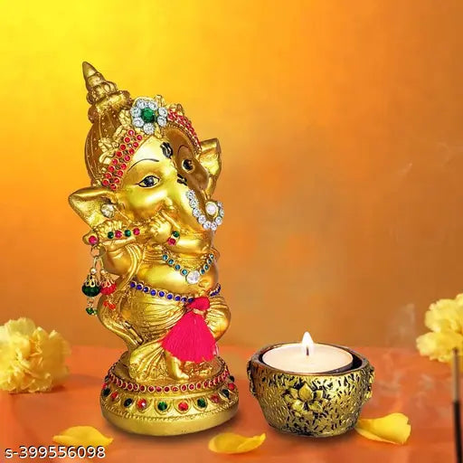 Once & Again Golden Finish Ganesha Idol showpiece for Prayer, Puja,Living,Home,Office,Ganesha Playing Bansuri with Tealight Holder, Ganesh Chaturthi,Best Decorative Gifts,Murti, Unique Decoration Antique, Classic, Modern, Traditional Ganesha Showpiece, Gi