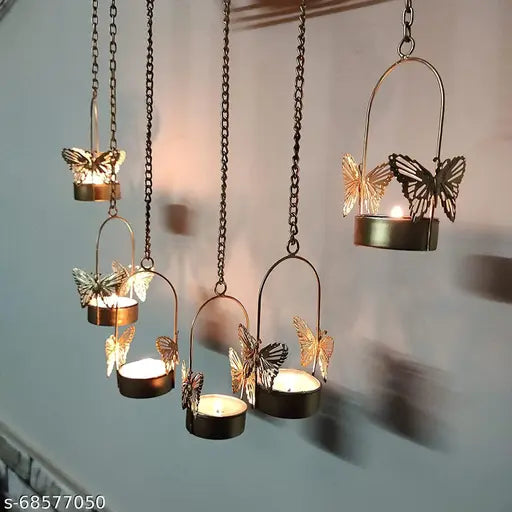 Amishi Blissful Decors Diwali Decorative Hanging Butterfly Tealight Candle Holder Hanging Tea Light Holder Tealight Holder with Chain Diwali Gifts Pack (6, Golden)