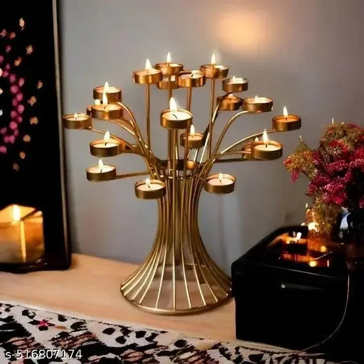 Tree Design Blooming 24 Tealight Candle Holder - Tree Tea Light Candle Holder | Golden Metal Candle/Diya Stands for Home Decor
