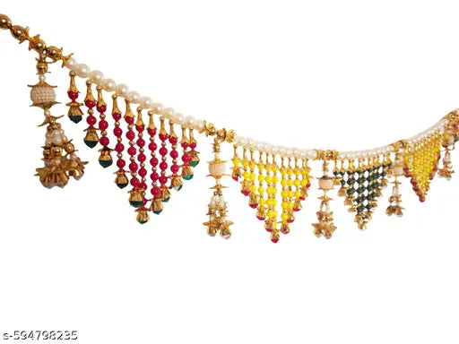 Tuski Traditional Pearl Beaded Toran Door Hanging | Decorative Wall Hanging with Yellow, Green, and Beads, Gold-Toned Accents Size 3-FT Multicolor