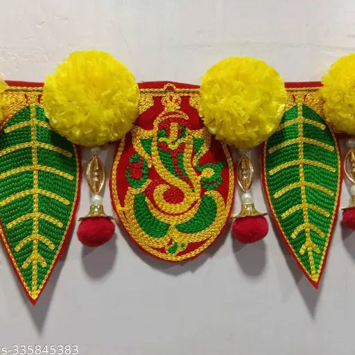 Home Decor Ganeshay Green Pan With Marigold Yellow Flower Traditional Door Hanging Toran/Bandarwal.  Pack of 1