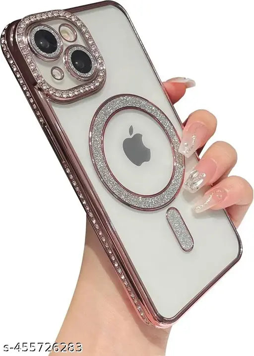 i-phone 15 Clear Magnetic Diamond Glitterr Case with Full Camera Protection Rhinestone Luxury Plating Bling Transparent for Magsaf Women Girls Cute Phone Case Cover (Pink)