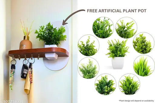 InoSlashed Engineered Wood Key Holder for Home | Wall Stylish Key Stand | Key Chain Holders for Wall | Key Hanger | Artificial Plant Pot Free 10 Hooks (Shelve Key Holder)