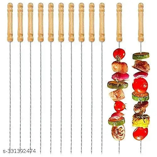 High Quality Pack of 5 (Size 12 Inch) BBQ wooden Stick , Barbecue Skewers, Barbecue Sticks for BBQ Tandoor, Grill | Stainless Steel Stick with Wooden Handle, Pack of 5