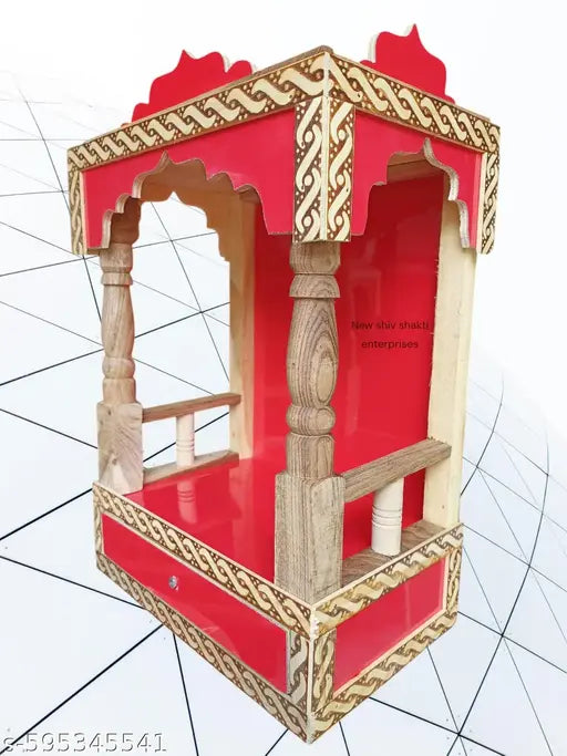 sita ji Elegant Red Wooden Home Temple with Drawer – 45x32x22 cm, 1.7 kg