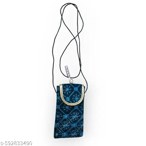 SUMERA WARQ Velvet Mobile Phone Pouch, Snowflake Embroidered Pattern, Multicolor with Gold Trim, Sling and Clip
