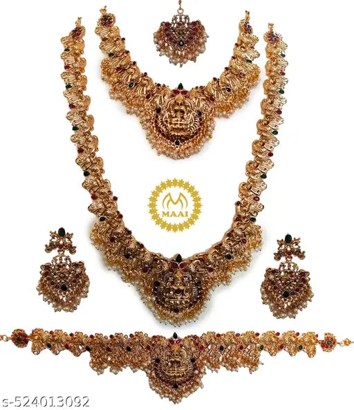 Exquisite Matte Gold Plated Temple Necklace with kamar belt and mang tika