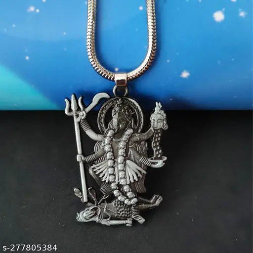 Shiv Creation Religious Hindu Deity Powerful Mata Goddess Maha Kali Kalika Devi With Snake Chain   Grey  Zinc And Metal Pendant Necklace For Men And Women