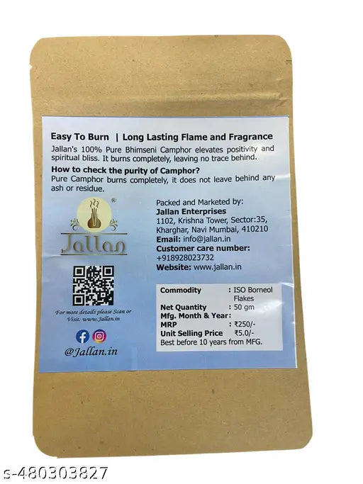 Jallan Pure Natural Bhimseni Camphor 100gm (50X2) Pack| Origical Bhimseni Kapoor