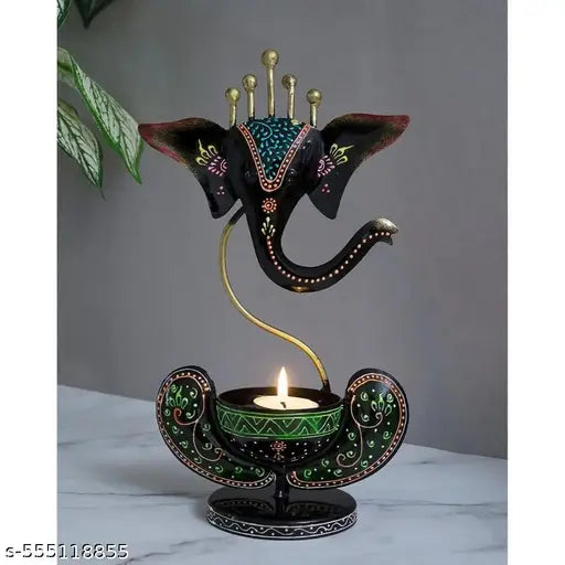 Iron Lord Ganesha Tea Light Candle Holder, Handcrafted Decorative Item for Home & Office, Ganpati Diya Stand for Pooja Room, Temple, Living Room & Bedroom, Diwali Decor