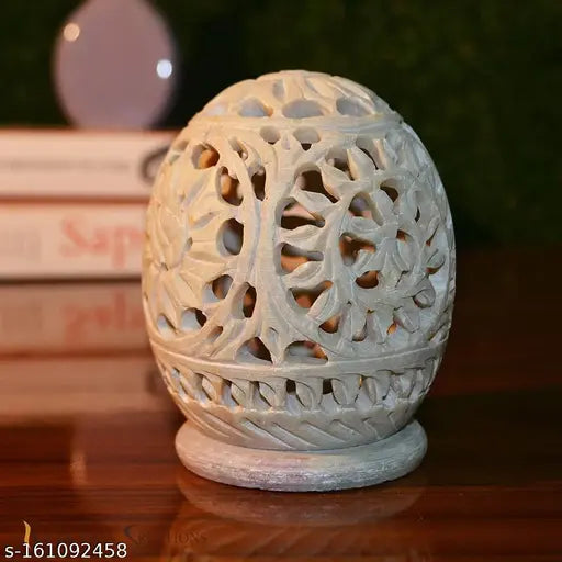 Pooja Creation  Marble Soapstone Aroma Candle Diffuser Egg Shape Diya Tea Light Holder ll Handcrafted Carving for Home and Office Decor - 3 inch