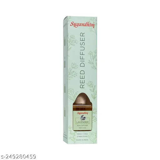 Sugandhim Reed Diffuser Lavender, 1 x 100ml & 5 Reed Stick, Non Alcoholic, Living Room, Washroom, Bedroom, Study Table, Office, Gifting Set, Easy To Use, Chemical Free, Mood Lifter, Pleasant Fragrance, Blue Gold, Musky, Aroma, Maintenance Free, Risk Free,