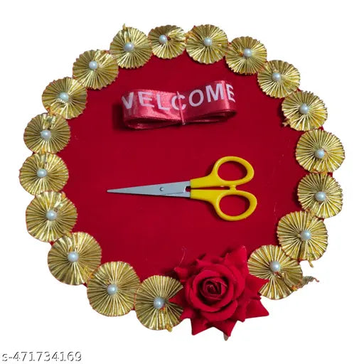 Mamta collection Welcome Ribbon Cutting Thali | Puja Thali for Wedding | Welcome Platter with Welcome Ribbon | Tray for Wedding | Welcome Puja Thali (Design-1)