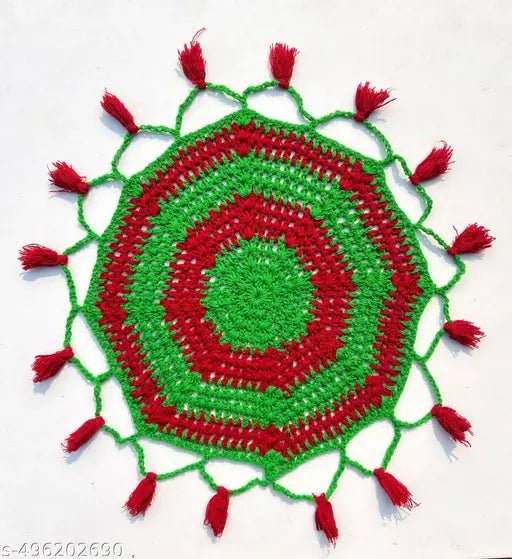 (20 inch) Red and Green Colour Beautiful Thaliposh | Thalposh for Puja Thali Cover | Woolen Thalposh/Thaliposh for Puja Thali Decoration - Pack of 1