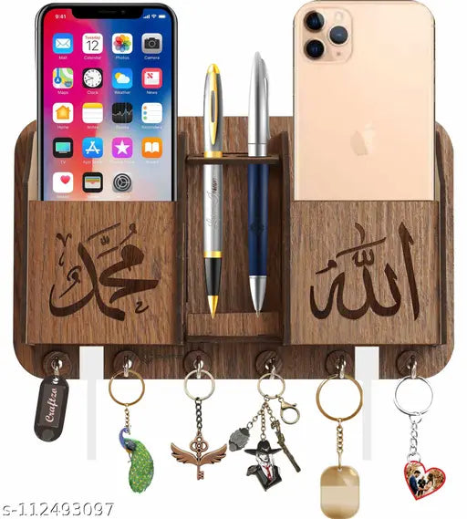 Craftzo Premium Brown Finish Geomatric Design Key Holder  For Wall / Mobile Holder / Phone Stand/ Key Stand / Pen Stand /Key Hanger (6 Hooks)
