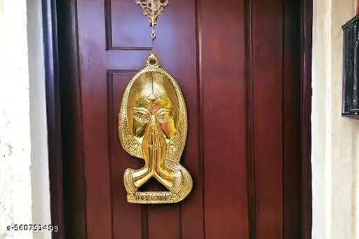 Shree Girraj Ji Traders Welcome Namaste Lady Metal Hanging Religious Metal Wall Decor Showpiece Hanging Entrance Gate Decor (14 x 2 x 28 cm, Antique)