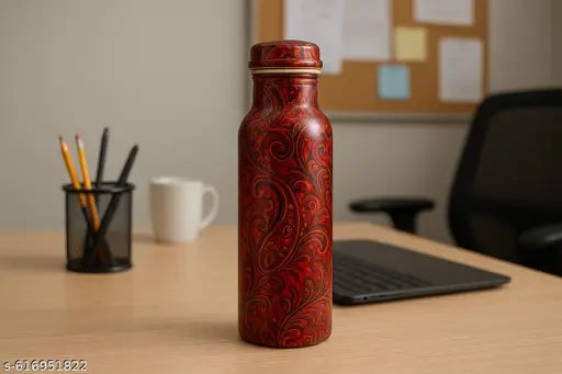 Elegant Red Paisley Copper Water Bottle – 1L | Handmade Ayurvedic Flask for Daily Hydration & Wellness