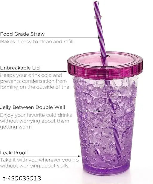 Plastic Mug Bottle Jelly Sipper Gel Freezer Sipper with Straw for Cold Beverages Water and Drinks (Pack Of 1 , Pink)