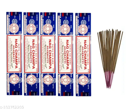Airtick Pack of 5 (12 Sticks Per Box) Satya Nag Champa Agarbattis Incense Sticks for Home Temple Worship, Peace & Harmony, Purification, Positive Energy, Havan Poojan, Aarti, Meditational Sprituality Religious Purposes