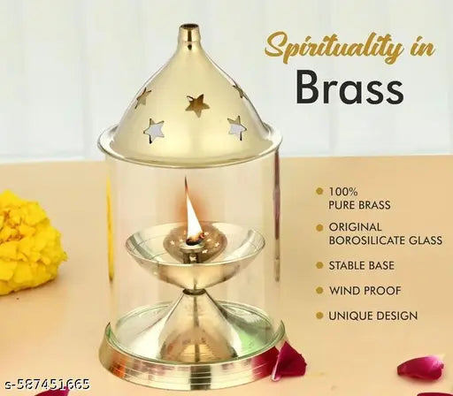Traditional Brass Diya Lantern with Incense Holder and Hindu God Statues - Spiritual Puja Ritual Set