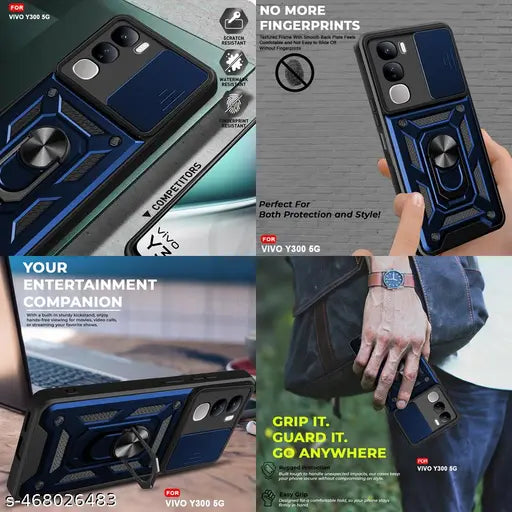 AESTMO Armor Vivo Y300 5G Bumper Back Case Cover | Ring Holder & Sliding Camera Shield Cover | 360 Degree Protection Back Case Cover for Vivo Y300 5G (Blue)