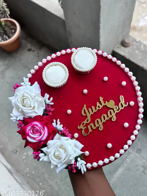 Mridang Engagement Wedding Ring Holder Platter Just Engaged Thali | Wedding Ring Platter | Marriage Décor | Engagement Ring Tray (Pink Rani,White)velvet