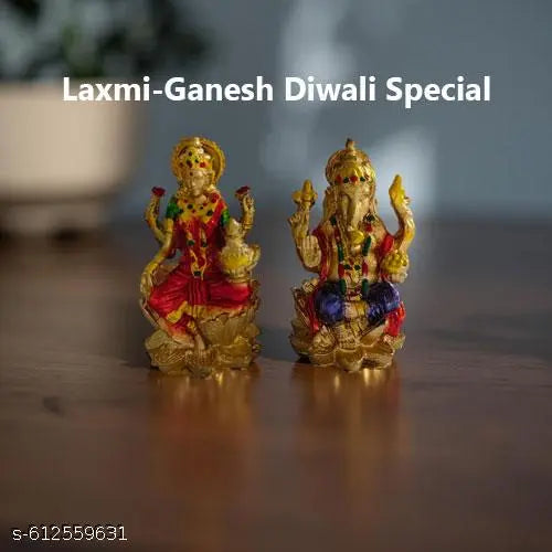Wish Online Colorful Lotus Laxmi Ganesh Combo | Poly Resin Statue Set for Festive Puja, Home Decoration & Spiritual Gift