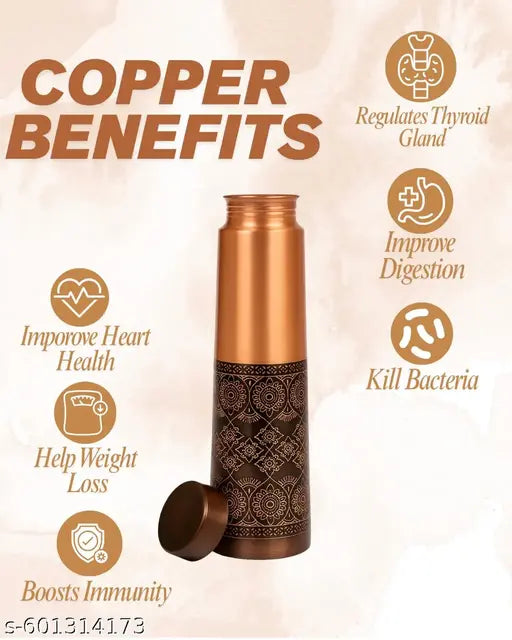 Vogue Venture Designer Tower Shape Pure Copper Water Bottle | 1 Litre Leak-Proof Ayurvedic Copper Bottle with Engraved Floral Pattern for Health, Office & Gym