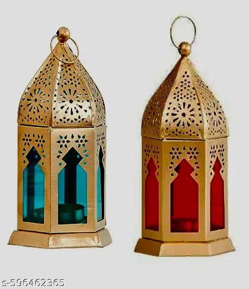 Golden Decorative Metal Lantern with Colored Glass (Set of 2)