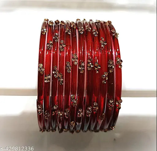 glass bangles with flower pattern in Maroon colour ( Pack of 12 Bangles ) for daily purpose