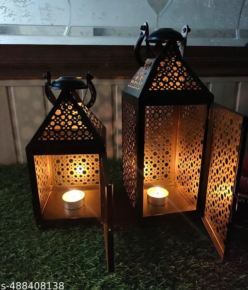 Metal Black & Golden Moroccan Lantern (Set of 2 With Candle) Decorative Candle Hanging Lanterns for Indoor Outdoor Garden Yard Home Decor, Metal with Gold Interior, Decorative Lanterns for Home Decor.