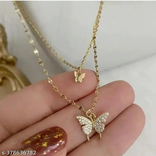 RV YUWON Beautiful Diamond Double Layer Butter fly NeckChain