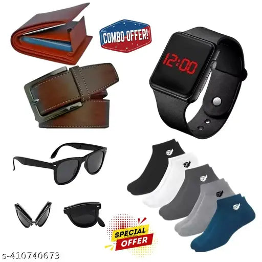 mens latest trendy combo brown belt , tan coloured card holder wallet ,digitall black watch , trendy mens foldable black sunglasses and 5 pairs of cotton socks  dhamaaka offer sale!!!!
