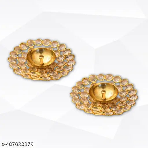 SANSKAARI -  Brass Crystal Diya Round Shape Deep Akhand Jyoti Oil Lamp for Home Temple Puja Decor Gifts Set of 2