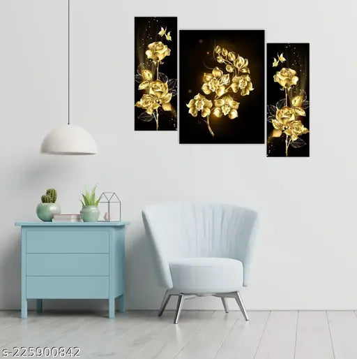 Set of 3 Flower  12 inch x 18 inch Painting (Without Frame, Pack of 3) Painting