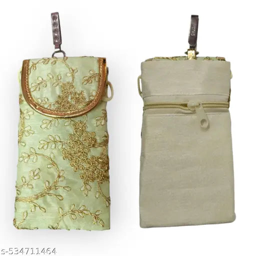 Sumera warq Embroidered Mobile Phone Pouch Cover, Mint Green with Gold Floral Design, Women's Accessory