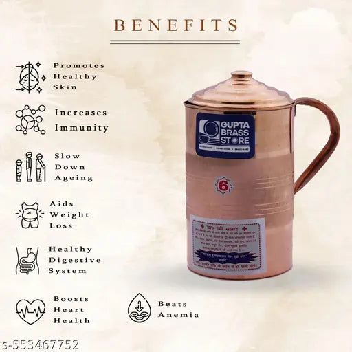 GUPTA BRASS STORE Pure Original Copper Water Jug (2L) & Copper Bottle (1000ml) set