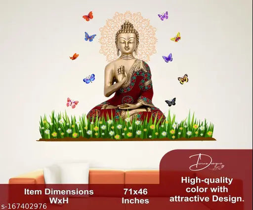 Art Kafe™ Red Gautam Buddha with Butterflies Wall Sticker