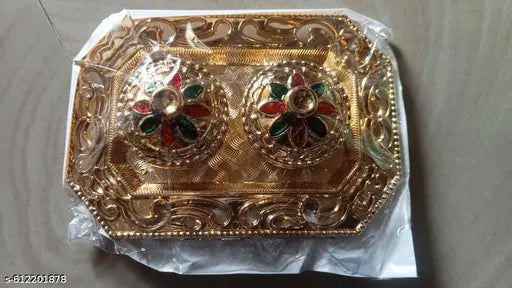 Elegant 3-Inch Rectangle Kumkum Plate for Pooja | Brass/Steel Haldi Kumkum Tray for Festivals, Gifting & Religious Ceremonies | Traditional Indian Puja Accessory.