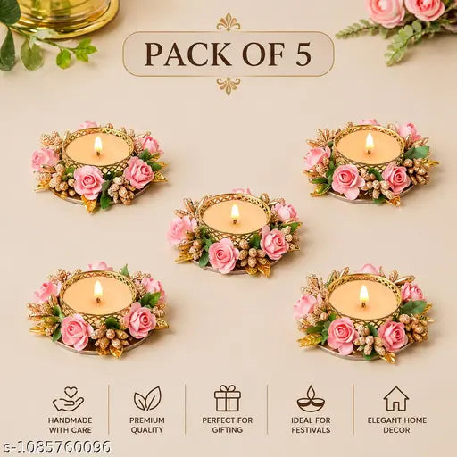 Metal Flower Diya Set of 5 with Wax Candles | Decorative Tea Light Holders