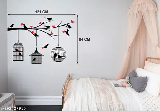 Trendy Set of 4 Wall Stickers Branches and Cages Love Birds With Hearts magical tree Red flower with lantern Self Adhesive Vinyl Waterproof Decals for Home