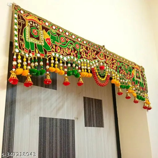 P.A.Traditional Door Hanging Bandanwal Designs of Elephant Embroidery/Mirror/Moti Toran for Home Decoration.[37 Inch]