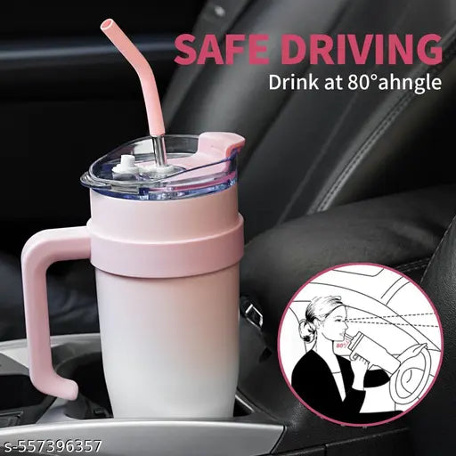 1200 ML Tumbler with Handle and Straw Lid, Pink White Insulated Travel Mug Iced Coffee Cup, 304 Reusable Stainless Steel Insulated Water Bottle, Keep Cold and Hot Water for Hours