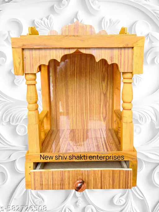 Ram Ji Handcrafted Brown Wooden Temple with Drawer – Compact 45x32x22 cm Pooja Mandir