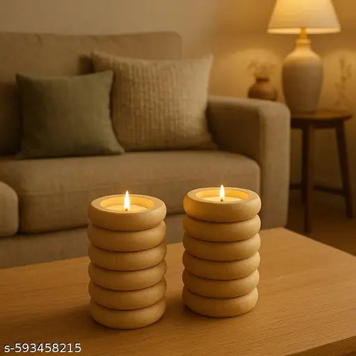 Handcrafted Wooden Spring Tealight Candle Holder – Natural Teak Finish | Set of 2 Holders + 4 Tealight Candles (2 Premium + 2 Complimentary) | Home Décor, Meditation, Spiritual, Wedding & Festive Gifting