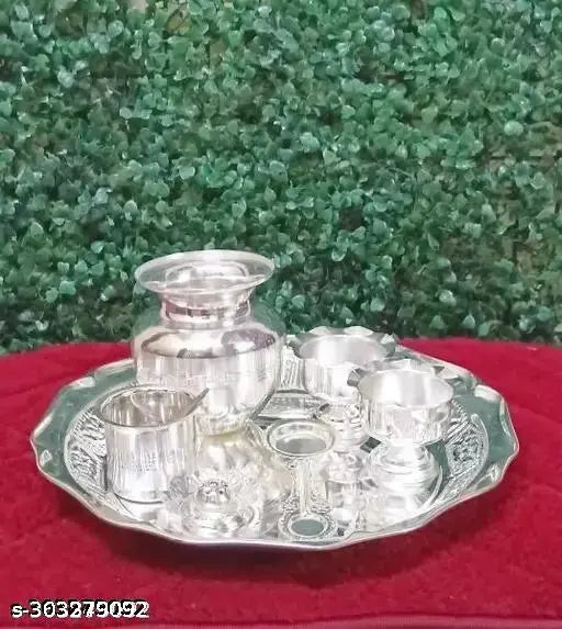 Luckypot German Silver 8Pcs Pooja Thali Set For Pooja/Decor Size : 6 Inches Weight : 620 Grams