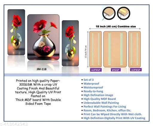 BA ART-Unframed MDF Wooden Floral wall Paintings /Art decoration item for Living room / Bedroom /Home Decor /Restaurant decor / Cafe decor /Gifts /Hotel Decor Item/Wall Art For Hall/Wall Decoration /Flower Wall Painting Set of 3 (12 inch x 18 inch) BA-SBJ