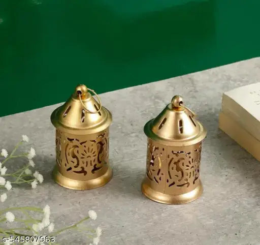Set of 2 Iron Lantern and Candle Tealight Holder for Home Decor Items | Candles for Home Decoration | Candle Holders for Home Decor | (Pack of 2) (Gold)