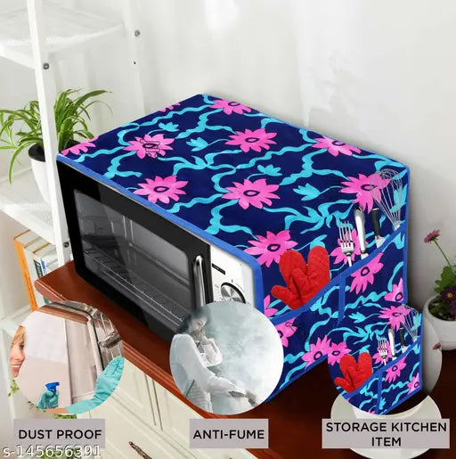 E-Retailer Exclusive 3-Layered Polyester Combo Set of Appliances Cover (1 Pc. of Fridge Top Cover, 1 Pc Handle Cover and 1 Pc. of Microwave Oven Top Cover) (Color-Blue, Design-Floral, Set Contains-3 Pcs.)